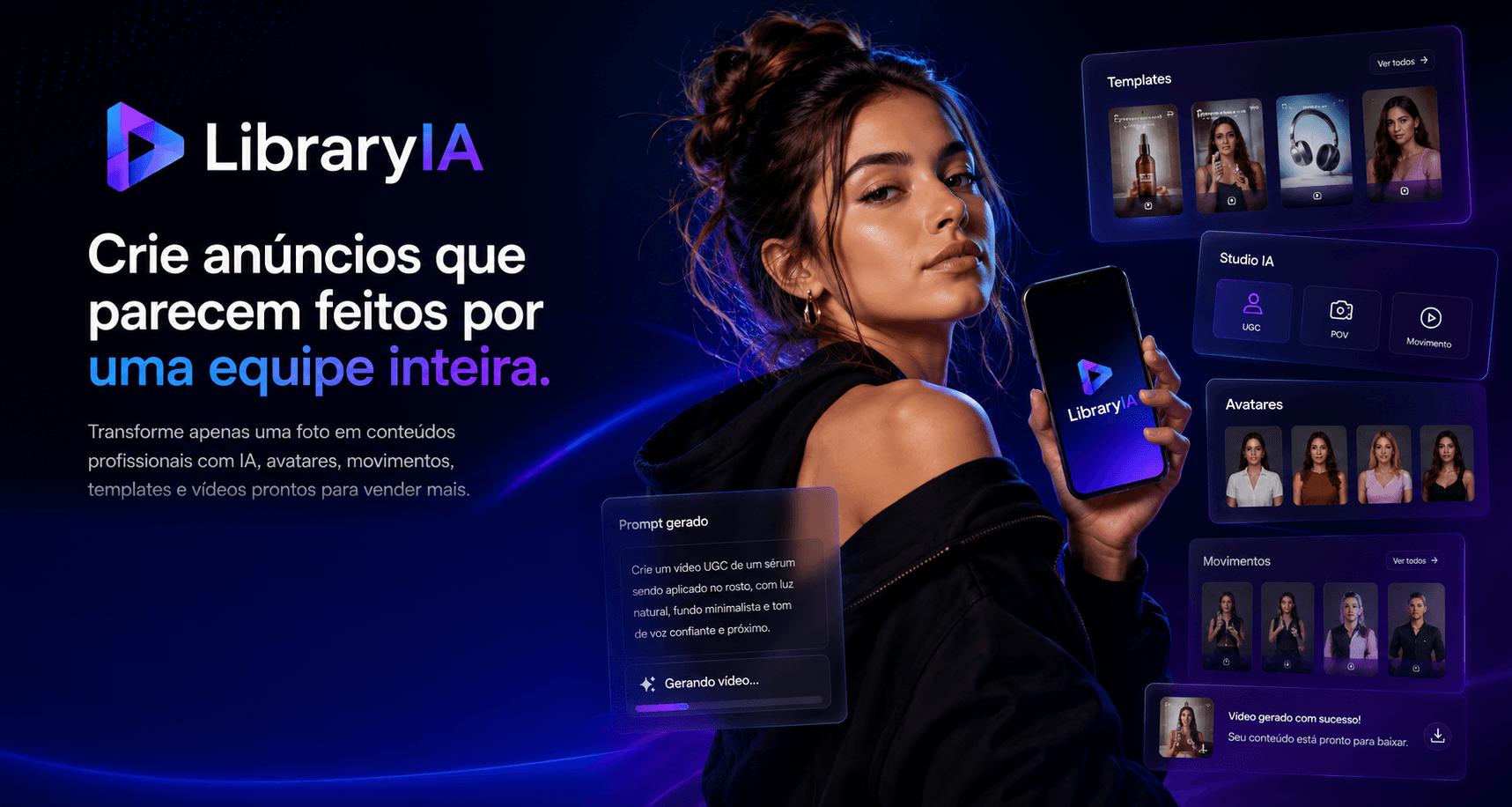 LibraryIA — crie anúncios que parecem feitos por uma equipe inteira, usando apenas Inteligência Artificial. Templates, Studio IA, Avatares e Movimentos prontos.